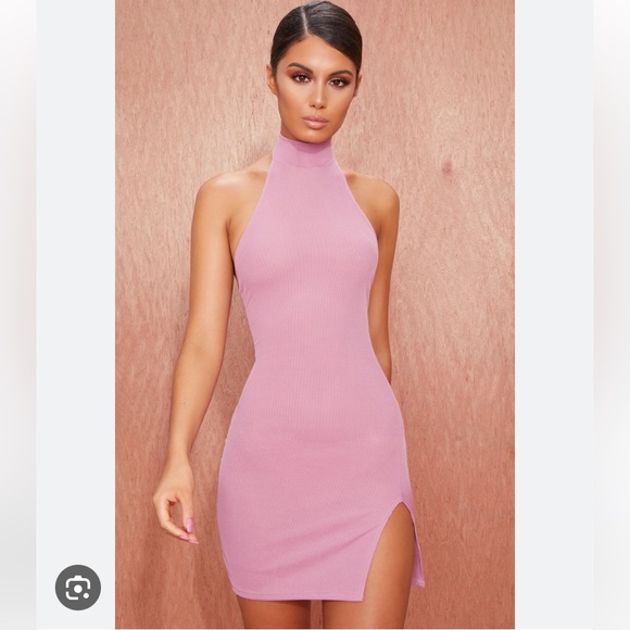 Pretty Little Thing Basic Mauve Ribbed High Neck Split Detail Bodycon Dress US 2 - Picture 1 of 3
